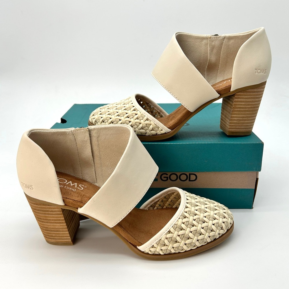 Womens Heels TOMS Milan Size 8 Cream Woven Geo Basket Block Heel Side Zip NEW